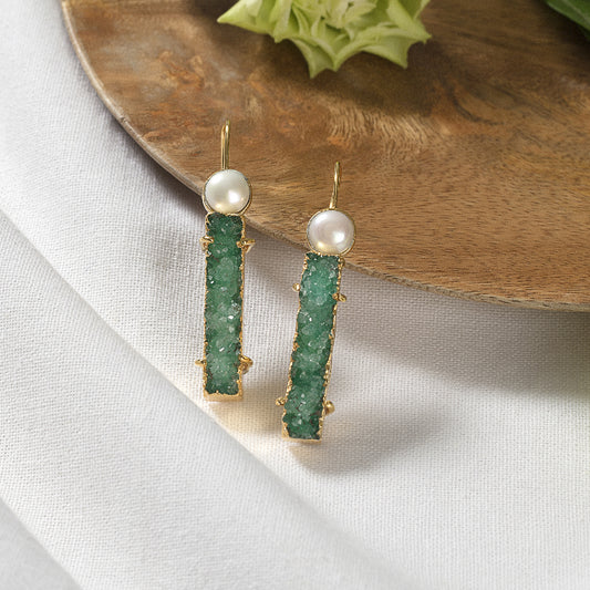 Long Droozy Green Earring - Gold Finish