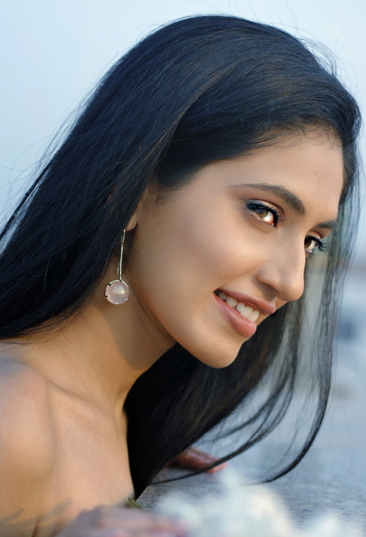 Rose Quartz Long Sterling Silver Earring