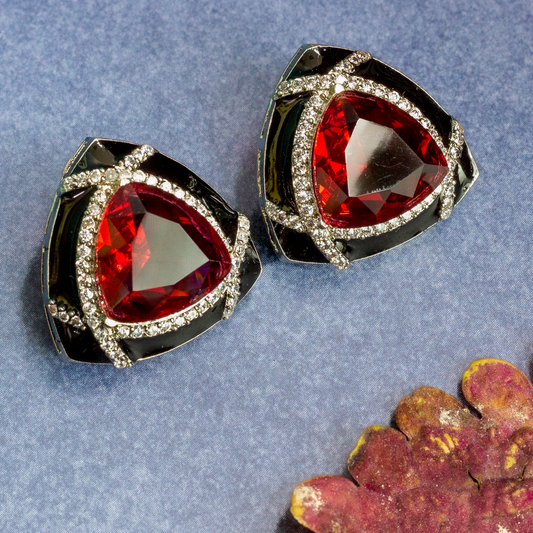 Black Enamelled Studs With Red Ruby Stone