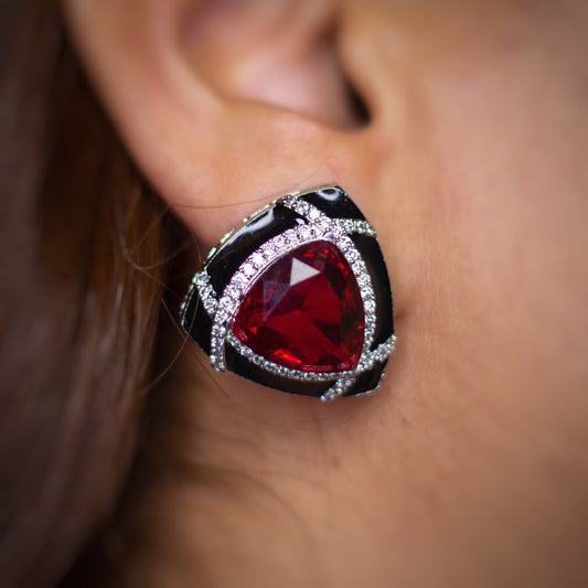 Black Enamelled Studs With Red Ruby Stone