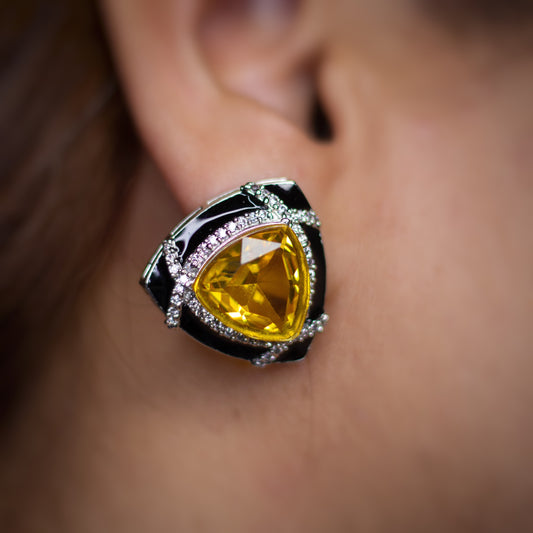 Black Enamelled Studs With Yellow Ruby Stone