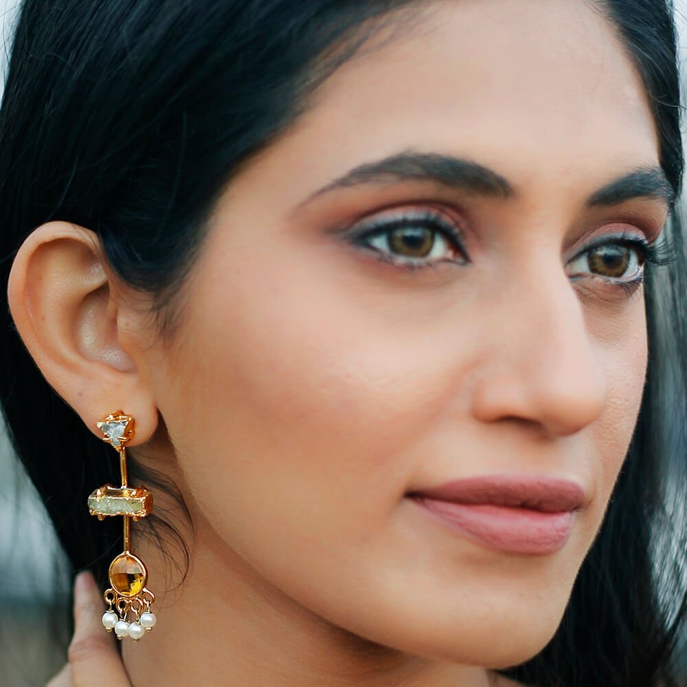 Three Layer Amber Earring - Gold Finish