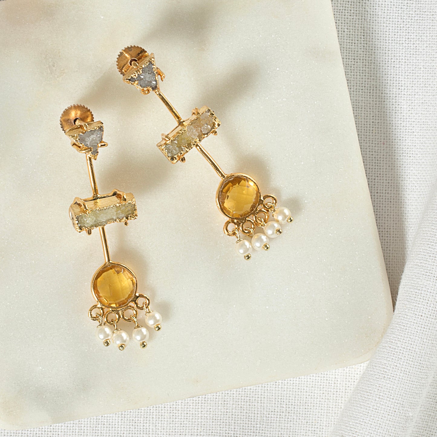 Three Layer Amber Earring - Gold Finish