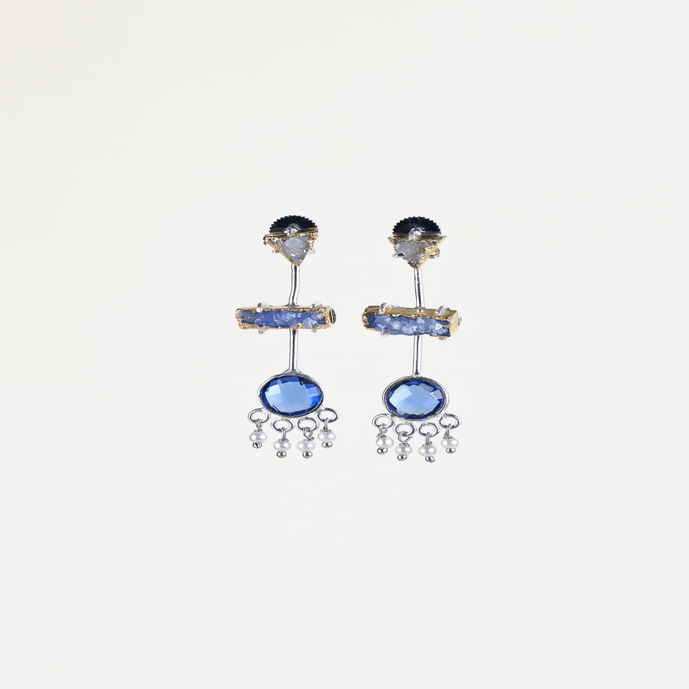Three Layer Aqua Earring - Silver Finish