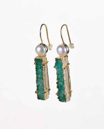 Long Droozy Green Earring - Gold Finish